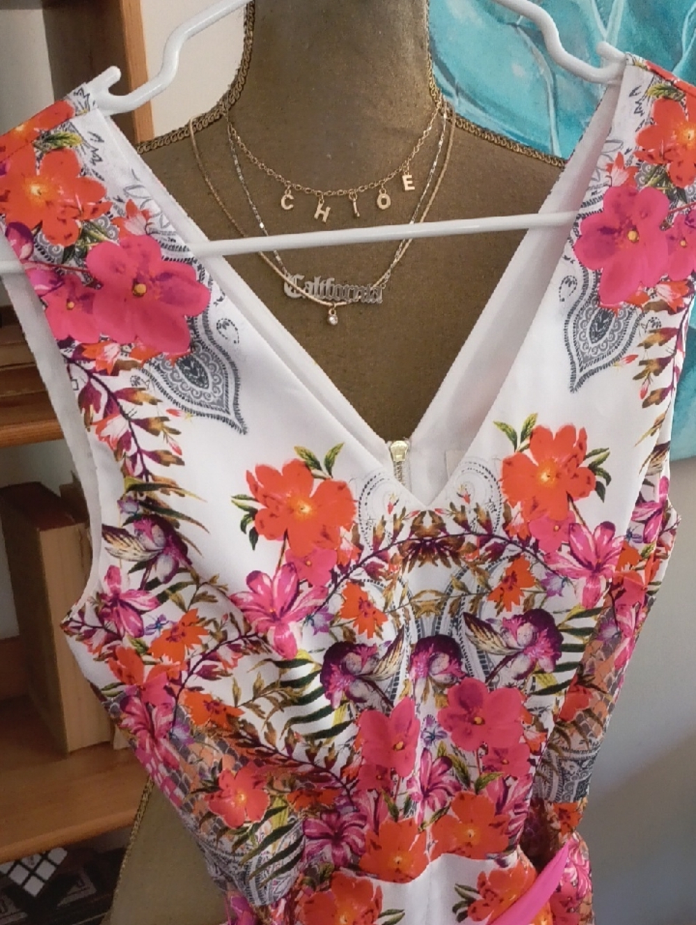 Sleeveless Floral V-Neck Jumpsuit with Tie Waist - Pink & Orange - Picture 3 of 7